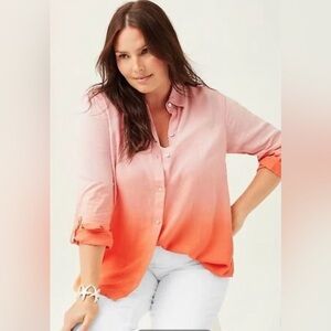 J. Jill NWT Linen Blend Pink & Orange Ombre Long Sleeve Button Down Shirt XS